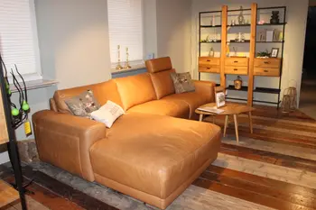 Leder Sofa in cognac, Wandregal Wildeiche/Metall schwarz